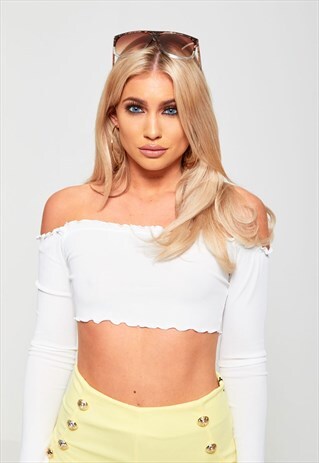 WHITE FRILL HEM BARDOT CROP TOP