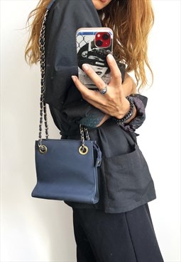 90s Square Blue Shoulder Bag With Chain Handle 