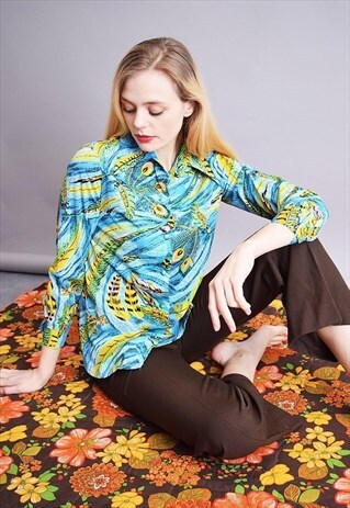 70'S RETRO FEATHER PATTERN PSYCHEDELIC SHIRT TOP