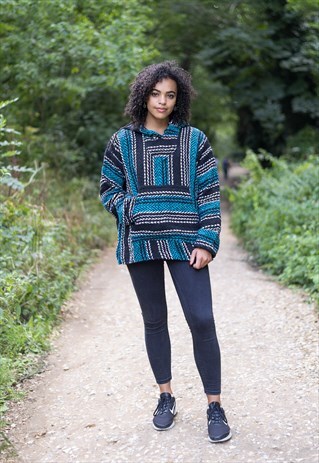 UNISEX BAJA HOODIE HIPPIE JUMPER TEAL MENS LADIES SKIING