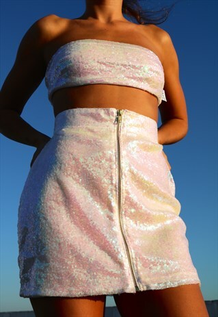 WHITE IRIDESCENT SEQUIN HIGH WAISTED SKIRT WITH GOLD ZIP