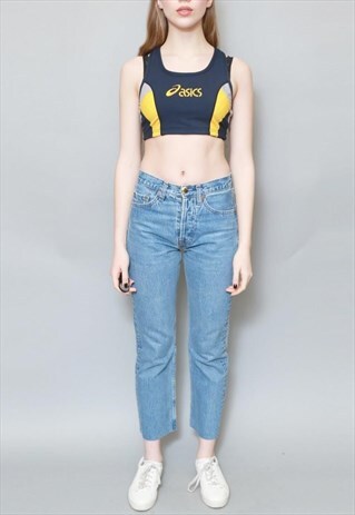 VINTAGE 1990'S ASICS BLUE AND YELLOW GYM CROP TOP