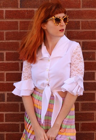 VINTAGE 80S WHITE FLORAL LACE RUFFLE TIE FRONT CROP TOP