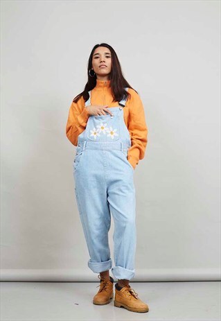 VINTAGE LIGHT BLUE DAISY DENIM DUNGAREES