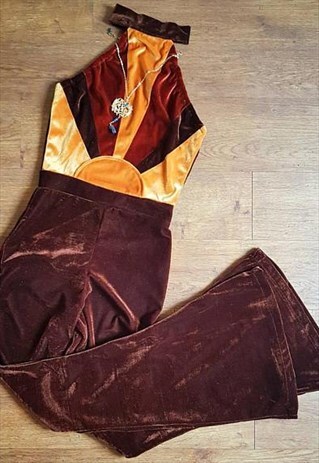 VELVET JUMPSUIT, 70S, 60S, FESTIVAL, HALTER, SLEEVELESS