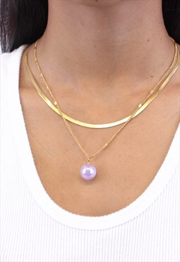 Layered Dangling Pearl 18k Gold Flat Snake Chain Necklace 