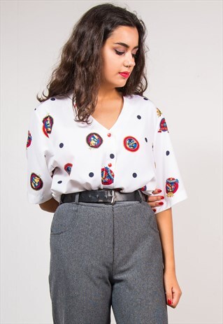 90'S VINTAGE WHITE NAUTICAL THEME COLLARLESS SHIRT