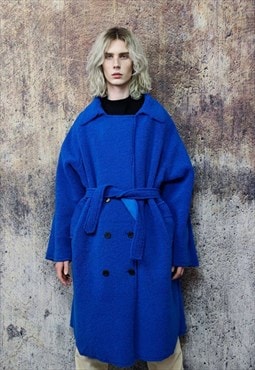 Fleece trench jacket fluffy coat in bright blue