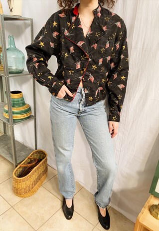 VINTAGE 80S FLAG & STARTS PRINT DENIM-LIKE FESTIVAL JACKET