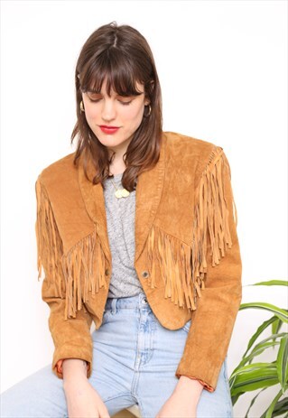 VINTAGE 80S BROWN TASSEL FRINGE SUEDE LEATHER CROPPED JACKET