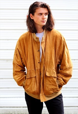 1980'S VINTAGE GOLDEN TAN SUEDE BOMBER JACKET