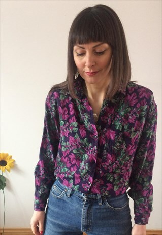VINTAGE 80S BLACK FLORAL BLOUSE