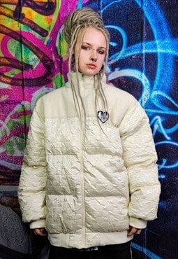 Fleece bomber faux leather puffer shiny heart jacket cream