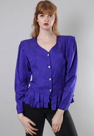 VINTAGE 80S SILK PAISLEY TEXTURED FITTED FRILL BLOUSE