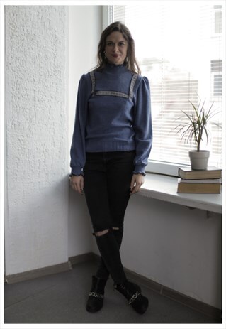 VINTAGE 70'S GREYISH BLUE TURTLENECK KNITTED TOP