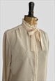70'S BEIGE CREAM VINTAGE PUSSY BOW LONG SLEEVE BLOUSE