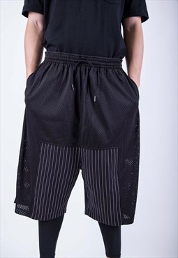 Black Striped Mesh Patchwork Sports basketball Shorts 
