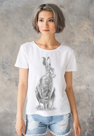 WILD HARE T SHIRT PENCIL SKETCH DRAWING CUTE WHITE TEE WOMEN