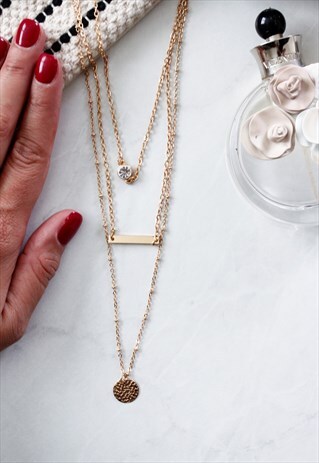 GOLD DISC DIAMANTE MULTI LAYER CHAIN NECKLACE