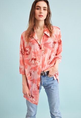 90'S RETRO FLORAL PRINT OVERSIZED MONOCHROME MOMS BLOUSE TOP