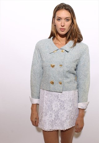 VINTAGE 1990'S 90'S BOXY PASTEL BLUE TWEED HEARTS JACKET M-L