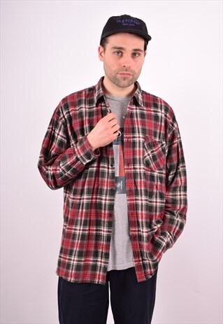 MENS VINTAGE FLANNEL SHIRT XL BURGUNDY CHECK 90S