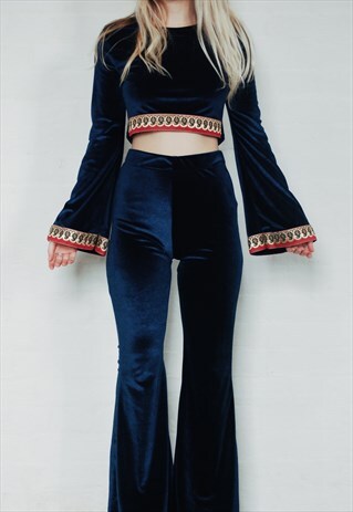 NAVY BLUE VELVET CO-ORD SET WITH FLARES AND BELL SLEEVE