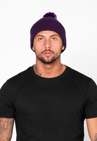 ESSENTIAL BOBBLE POM POM CUFFED BEANIE HAT - PURPLE