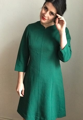 VINTAGE 60S GREEN 3/4 LENGTH SLEEVE DRESS