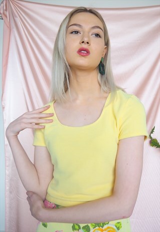 RARE VINTAGE VERSACE RIBBED YELLOW SQUARE NECK TEE