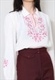 70'S LADIES VINTAGE BLOUSE WHITE PINK EMBROIDERY HUNGARIAN