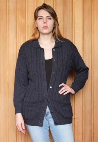 VINTAGE 1980S NAVY BLUE CABLE KNIT CARDIGAN
