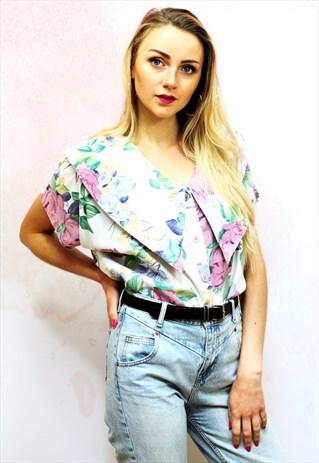 1980S VINTAGE PASTEL COLOURED FLORAL LARGE COLLAR BLOUSE
