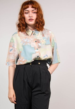 90'S VINTAGE PASTEL LEAF FLOWER PATTERN SHORT SLEEVE SHIRT