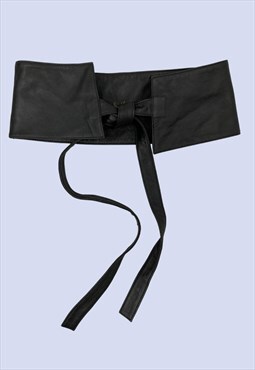 Black Genuine Leather Wide Style Tie Waist Belt 