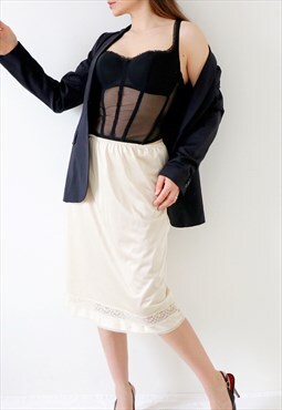 Vintage Underslip Slip Skirt Beige Lace Trim Midi Skirt 