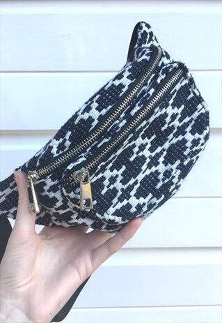 BUMBAG FANNYPACK BLUE AND WHITE AZTEC PATTERNED FESTIVAL BAG