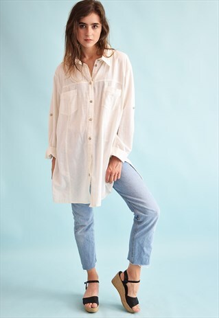 90'S RETRO BOHO FESTIVAL LINEN NEUTRAL SHIRT TUNIC