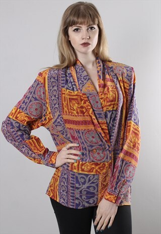 VINTAGE 80S SILK PATTERNED DOUBLE BREASTED BLOUSE