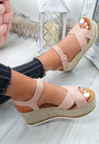 WOMENS PLATFORM SANDALS ESPADRILLE FLATFORMS PINK SHOES