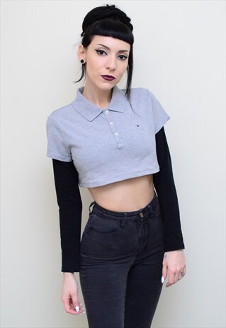 00'S RETRO GREY REWORKED CROPPED TOMMY HILFIGER POLO SHIRT
