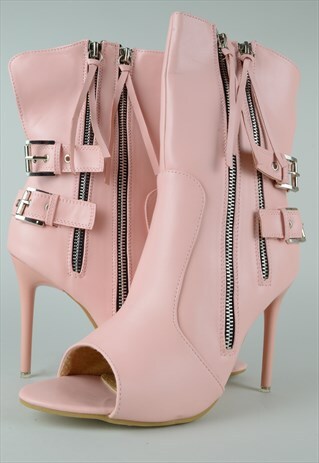 ZIP DETAIL BIKER HIGH HEEL BOOT WITH PEEP TOE IN PINK
