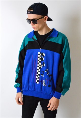 VINTAGE 80S COLOUR BLOCK 1/4 ZIPPER SWEATSHIRT JUMPER