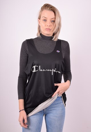 CHAMPION WOMENS VINTAGE JERSEY TOP XL BLACK 90S