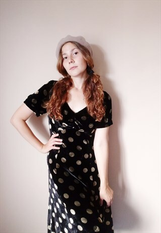 90S POLKA DOT BLACK VELVET AUTUMN MIDI PARTY HALLOWEEN DRESS