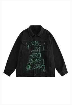 Patchwork denim jacket retro slogan bomber grunge jean coat