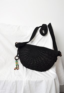 Vintage Y2K Crochet Crossbody Sling Bag Black with Beads
