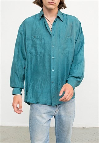 TURQUOISE SILK MEN'S LONG SLEEVED SHIRT