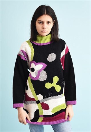80'S RETRO FLORAL PATTERN ROLL NECK KNIT JUMPER