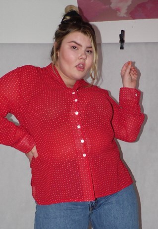 VINTAGE BLOUSE SHIRT RED POLKA DOT PRINT PLUS SIZE CURVE